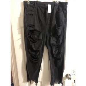 American Eagle Women Stretch Mom Jeans Fit Black Frayed Cut Off Sz 20 BNWT